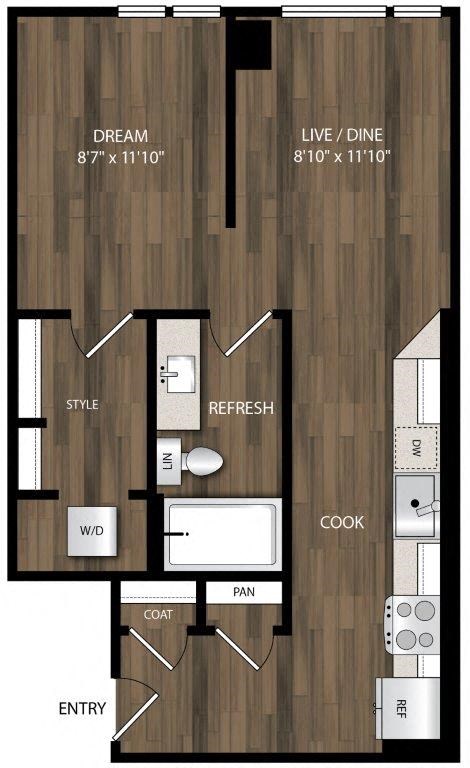 Floor plan for studio, 1 bath, 558 sqft